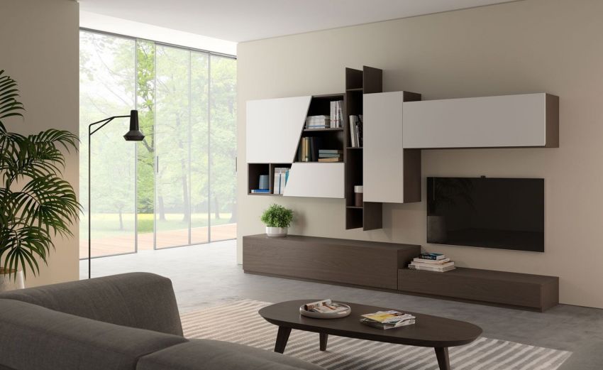 New York parete soggiorno colore teak e bianco opaco-Larghezza 297