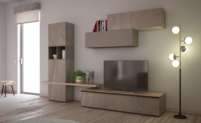 Perugia parete soggiorno componibile ardesia chiara/seta e rovere chiaro-Larghezza 360 Perugia parete soggiorno componibile ardesia chiara/seta e rovere chiaro-Larghezza 360