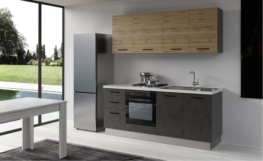 Gilda cucina 195 cm colore cemento scuro e rovere cadiz-2 elettrodomestici-Legno naturale-Pannello