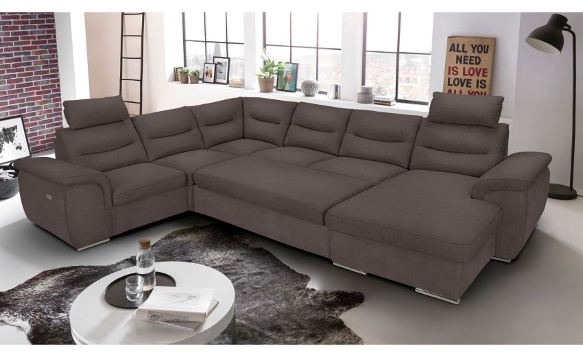 Vanity divano doppio angolo in tessuto marrone-Panchetta relax estraibile e seduta relax elettrico-Marrone-Tessuto-248 x 120 cm Vanity divano doppio angolo in tessuto marrone-Panchetta relax estraibile e seduta relax elettrico-Marrone-Tessuto-248 x 120 cm