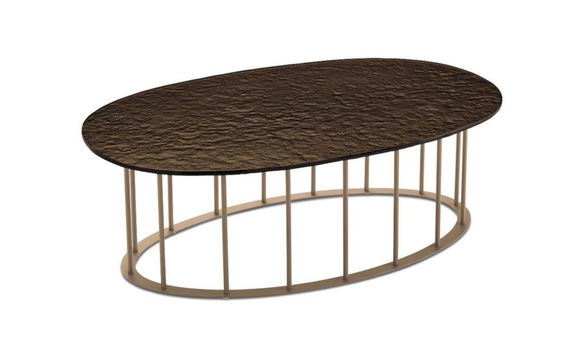 Chic tavolino ellittico metallo beige e piano bronzo martellato--Bronzo-Metallo-30 cmx90 cm