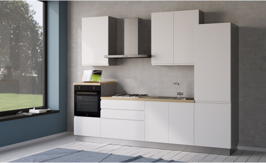 Iris cucina 300 cm colore bianco opaco con frigo -3 elettrodomestici--Melaminico Iris cucina 300 cm colore bianco opaco con frigo -3 elettrodomestici--Melaminico