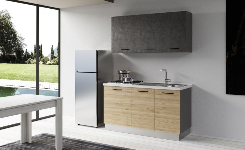Gilda cucina 150 cm colore rovere cadiz e cemento scuro -1 elettrodomestico-Legno naturale-Pannello