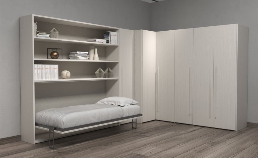 Cabrio letto singolo a scomparsa betulla con libreria-In pannello