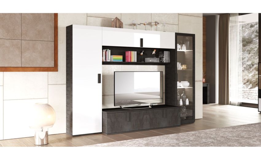 Lisbona parete soggiorno colore grigio e bianco lucido-Larghezza 300