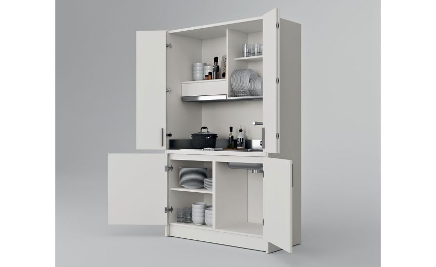 Cabrio cucina a scomparsa bianca-Monoblocco con piano cottura a induzione e cappa - misura L.125 x P.62 x H.208 cm-Bianco-Pannello ecologico-208 cmx125 cm Cabrio cucina a scomparsa bianca-Monoblocco con piano cottura a induzione e cappa - misura L.125 x P.62 x H.208 cm-Bianco-Pannello ecologico-208 cmx125 cm