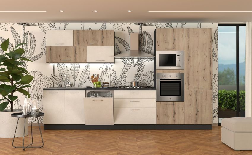 Sally cucina 360 cm colore legno nodato/cemento bianco--Legno-Melaminico-216 cmx360 cm Sally cucina 360 cm colore legno nodato/cemento bianco--Legno-Melaminico-216 cmx360 cm