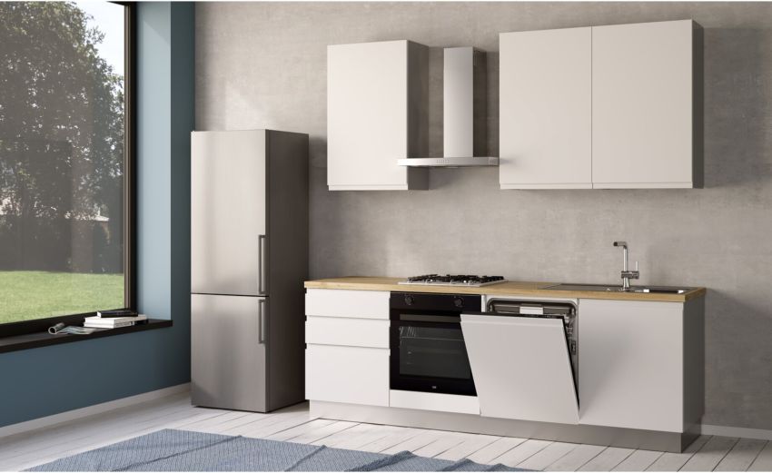 Iris cucina 240 cm colore bianco opaco con lavastoviglie-3 elettrodomestici--Melaminico