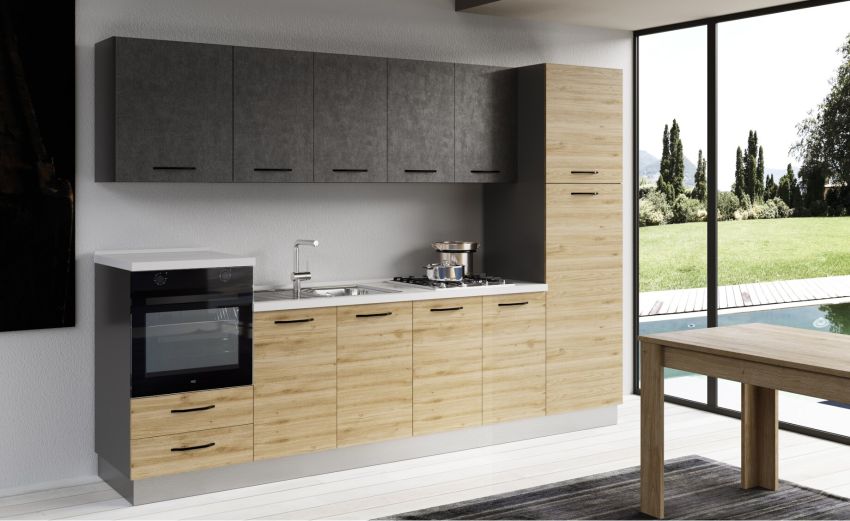 Gilda cucina 300 cm colore rovere cadiz e cemento scuro -3 elettrodomestici