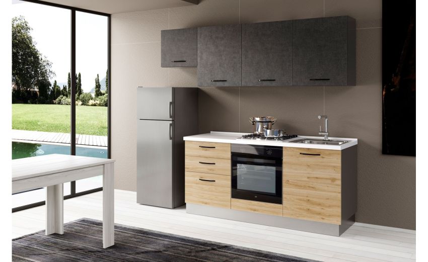 Gilda cucina 240 cm colore rovere cadiz e portland -3 elettrodomestici-Pietra scura-Pannello Gilda cucina 240 cm colore rovere cadiz e portland -3 elettrodomestici-Pietra scura-Pannello