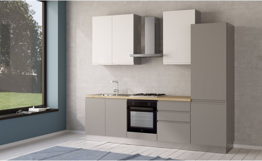Iris cucina 270 cm colore grigio chiaro e bianco opaco con frigo -3 elettrodomestici--Melaminico