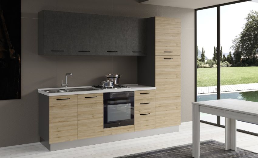 Gilda cucina 255 cm colore rovere cadiz e cemento scuro -3 elettrodomestici