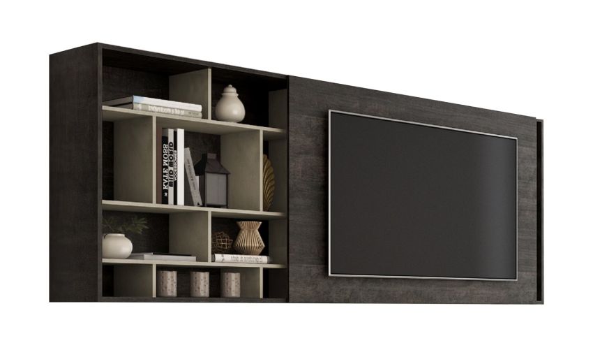 Perugia porta tv a muro colore legno bruciato e argilla spatolato--Pietra scura-Pannello ecologico-96 cmx240 cm