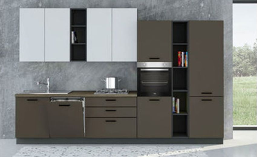 Karma cucina 360 cm colore lavagna e grigio cenere-4 elettrodomestici-Grigio scuro-Pannello melaminico Karma cucina 360 cm colore lavagna e grigio cenere-4 elettrodomestici-Grigio scuro-Pannello melaminico