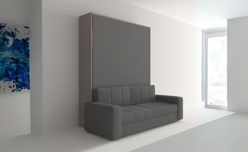 Cabrio letto a scomparsa con divano colore tiglio e alluminio laccato-L206xH208-Legno scuro-Pannello-Matrimoniale Cabrio letto a scomparsa con divano colore tiglio e alluminio laccato-L206xH208-Legno scuro-Pannello-Matrimoniale