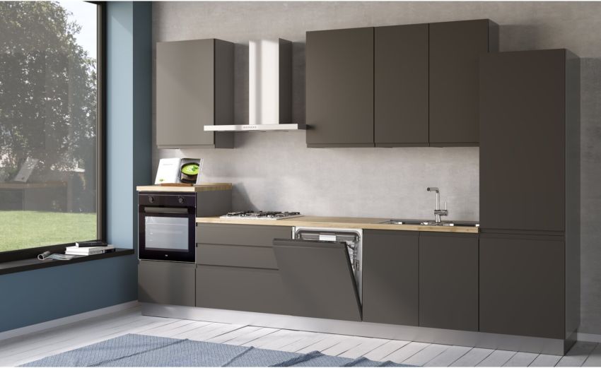Iris cucina 360 cm colore grigio scuro con lavastoviglie-4 elettrodomestici--Melaminico