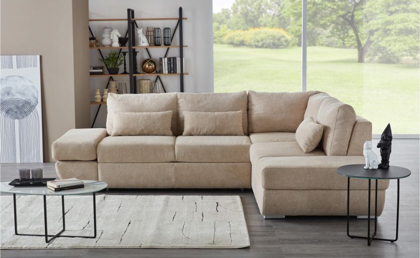 Sanzio divano angolare in tessuto sabbia-Panchetta relax estraibile e contenitore-Beige-Tessuto-L124 x L 144 cm Sanzio divano angolare in tessuto sabbia-Panchetta relax estraibile e contenitore-Beige-Tessuto-L124 x L 144 cm
