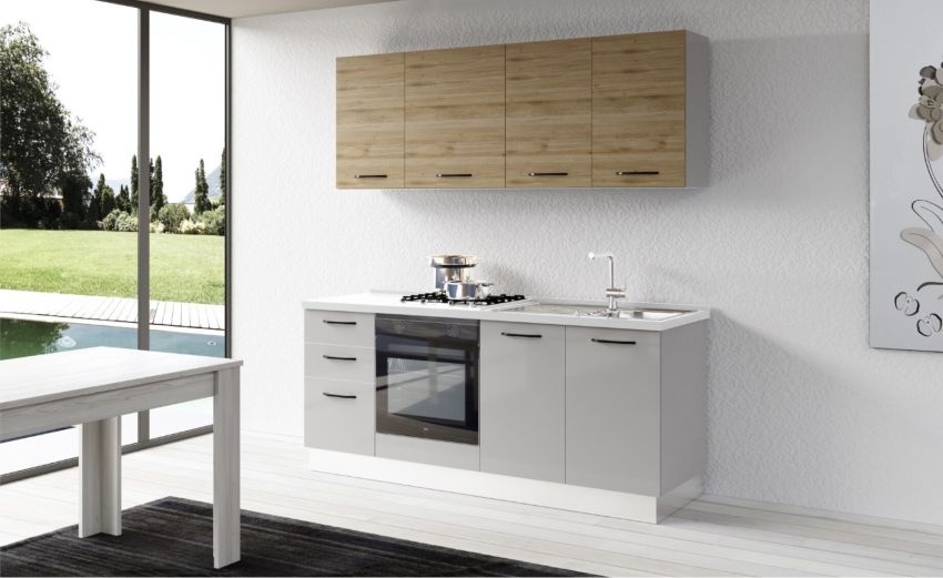 Gilda cucina 195 cm colore light grey e rovere cadiz-2 elettrodomestici-Grigio chiaro-Pannello Gilda cucina 195 cm colore light grey e rovere cadiz-2 elettrodomestici-Grigio chiaro-Pannello