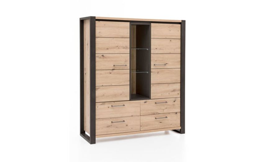 Tenerife madia 2 ante e 4 cassetti artisan con particolari neri-Struttura in pannello melaminico e illuminazione LED inclusa-Legno naturale-Pannello melaminico-156 cmx133 cm