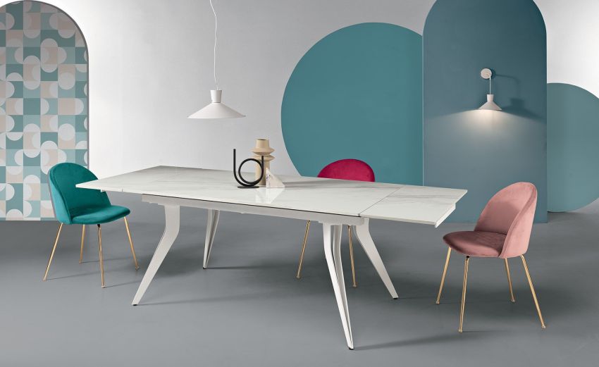 Galileo tavolo allungabile bianco opaco-Con piano in marmo-Bianco lucido-Pietra-75 cmx160 cm
