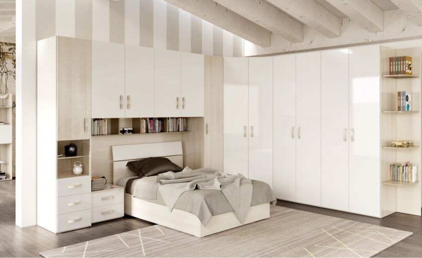 York ponte 6 ante betulla e bianco lucido-Con 3 cassetti e 2 vani a giorno-Bianco-Pannello-238 cmx289 cm