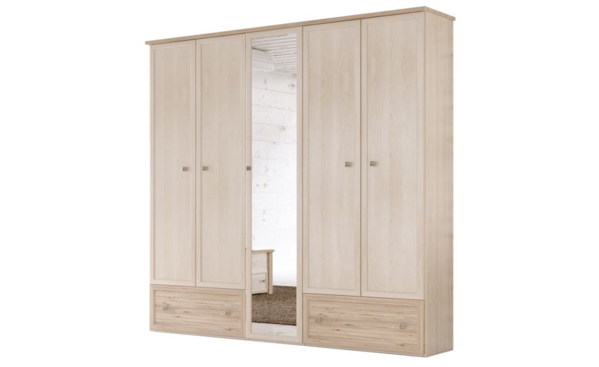 Susy armadio 5 ante battenti e 2 cassetti betulla con specchio-In pannello ecologico certificato-Legno naturale-Pannello ecologico-241 cmx216 cm