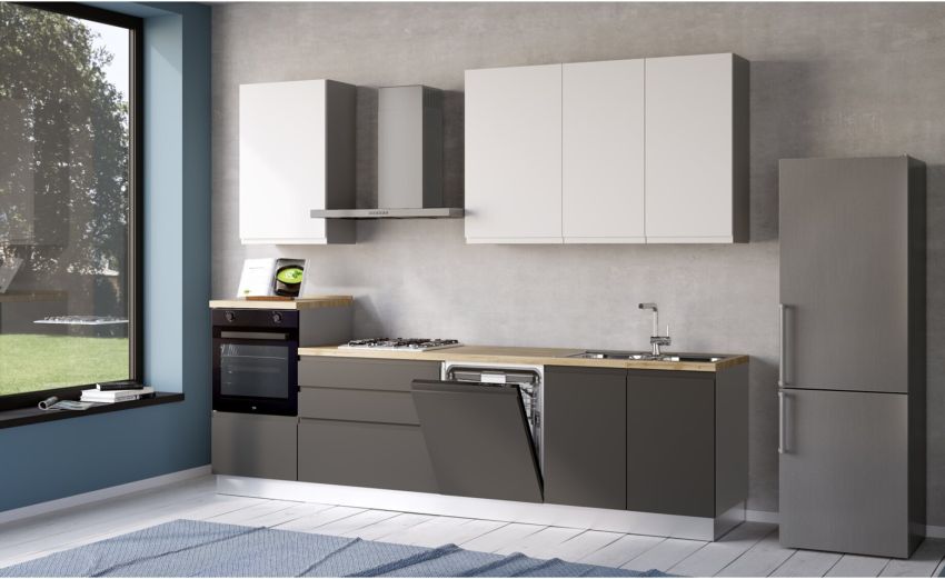 Iris cucina 300 cm colore grigio scuro e bianco opaco con lavastoviglie-3 elettrodomestici--Melaminico Iris cucina 300 cm colore grigio scuro e bianco opaco con lavastoviglie-3 elettrodomestici--Melaminico