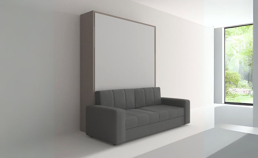 Cabrio letto a scomparsa con divano colore tiglio e grigio light-L206xH208-Legno scuro-Pannello-Matrimoniale Cabrio letto a scomparsa con divano colore tiglio e grigio light-L206xH208-Legno scuro-Pannello-Matrimoniale
