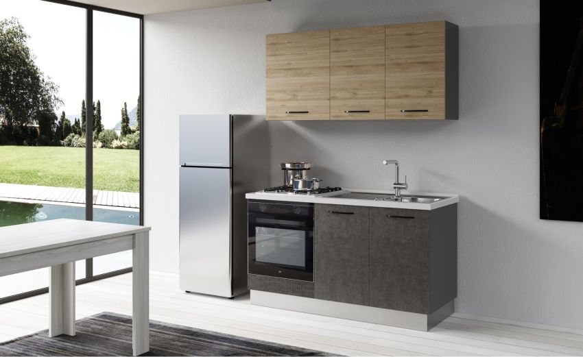 Gilda cucina 150 cm colore cemento scuro e rovere cadiz-2 elettrodomestici-Legno naturale-Pannello Gilda cucina 150 cm colore cemento scuro e rovere cadiz-2 elettrodomestici-Legno naturale-Pannello