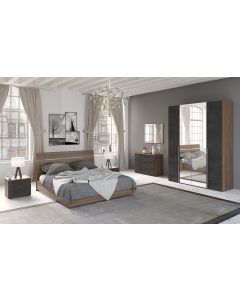 Mia camera matrimoniale noce biondo/ossido, letto senza contenitore-Armadio 4 ante con specchi-Legno scuro-Nobilitato