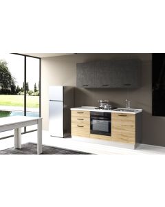 Gilda cucina 180 cm colore rover cadiz e cemento scuro -2 elettrodomestici, Piano Cottura a GAS-Legno naturale-Pannello-216 cmx180 cm