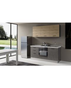 Gilda cucina  180 cm colore cemento scuro e rovere cadiz-2 elettrodomestici, Piano Cottura a GAS-Legno naturale-Pannello-216 cmx180 cm