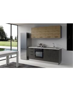 Gilda cucina 195 cm colore cemento scuro e rovere cadiz-2 elettrodomestici, Piano Cottura a GAS-Legno naturale-Pannello-216 cmx195 cm