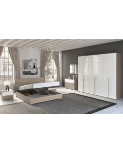 Mia camera matrimoniale olmo delicato/bianco lucido, letto con contenitore-Armadio 6 ante-Legno naturale-Nobilitato
