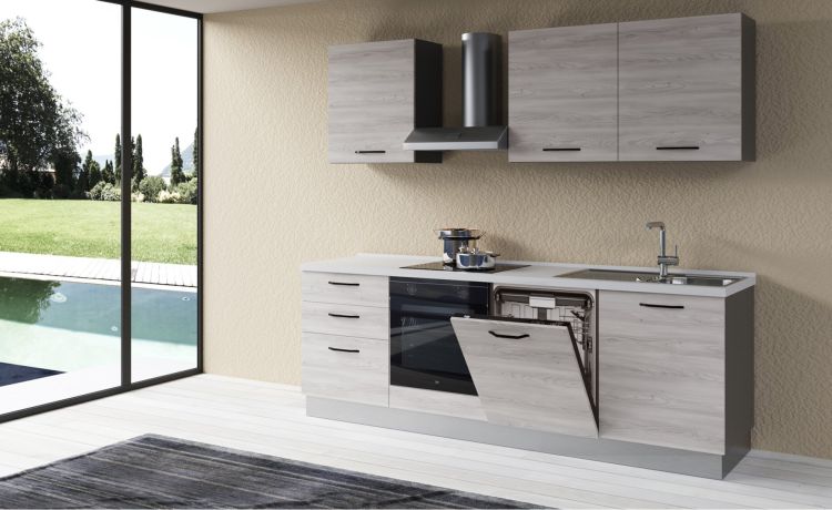 Gilda 2.0 cucina 240 cm colore frassino ghiaccio-3 elettrodomestici, Piano Cottura a INDUZIONE--Pannello-216 cmx240 cm