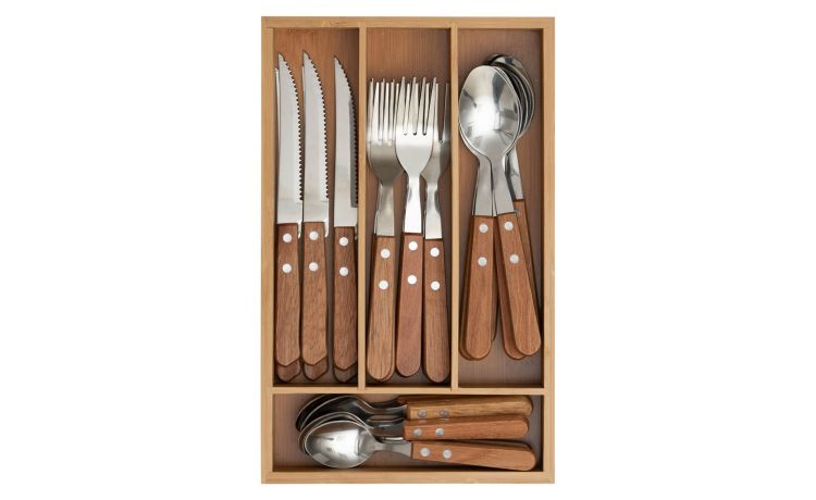 Wood servizio 24 posate con portaposate- -Legno naturale-Legno
