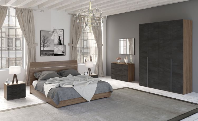 Mia camera matrimoniale noce biondo/ossido, letto senza contenitore-Armadio 4 ante-Legno scuro-Nobilitato
