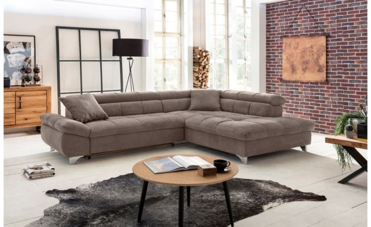 George divano angolare in tessuto marrone chiaro-Panchetta relax estraibile-Marrone-Tessuto-228 x 124 cm