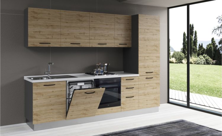 Gilda cucina 285 cm colore rovere cadiz -4 elettrodomestici, frigo da 320 lt--Pannello-216 cmx285 cm