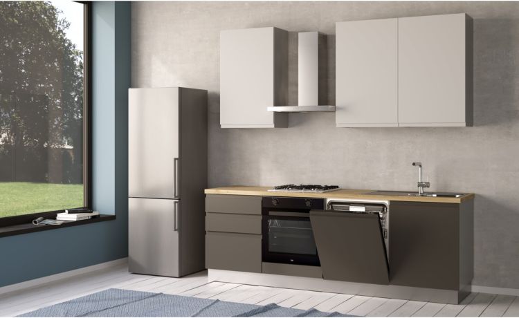 Iris cucina 240 cm colore grigio scuro e bianco opaco con lavastoviglie-3 elettrodomestici--Melaminico