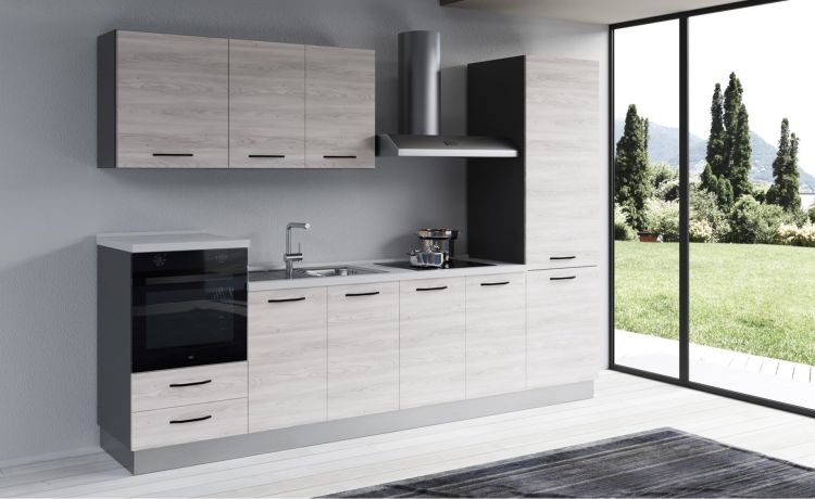 Gilda 2.0 cucina 300 cm colore frassino ghiaccio -3 elettrodomestici, Piano Cottura a INDUZIONE--Pannello-216 cmx300 cm