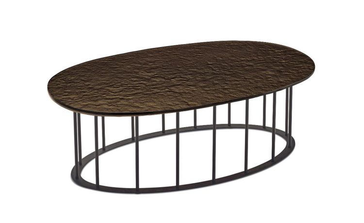 Chic tavolino metallo nero e piano bronzo martellato--Bronzo-Metallo-30 cmx90 cm