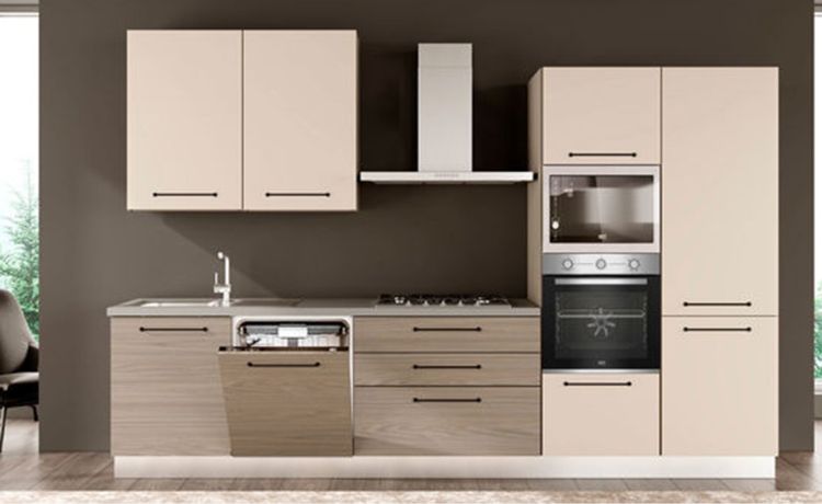 Noa cucina 330 cm colore rovere grigio e grigio angora-5 elettrodomestici-Legno chiaro-Pannello melaminico-240 cmx330 cm