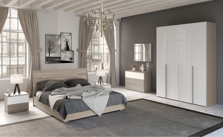 Mia camera matrimoniale olmo delicato/bianco lucido,  letto senza contenitore-Armadio 4 ante-Legno naturale-Nobilitato