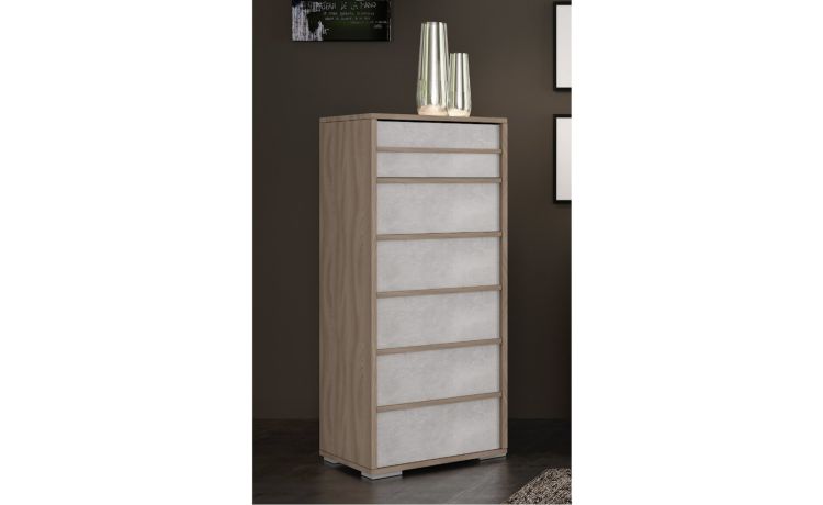 Lorena settimino 6 cassetti olmo e cemento-In pannello ecologico certificato-Cemento-Pannello ecologico-120 cmx51 cm