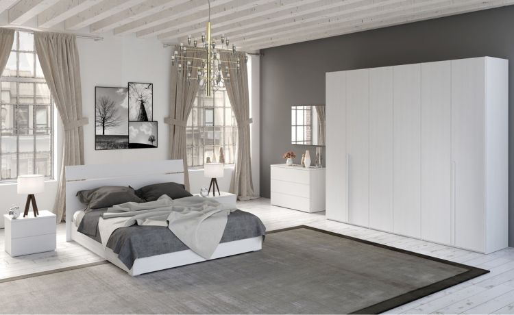 Mia camera matrimoniale bianco frassino, letto senza contenitore-Armadio 6 ante -Bianco-Nobilitato