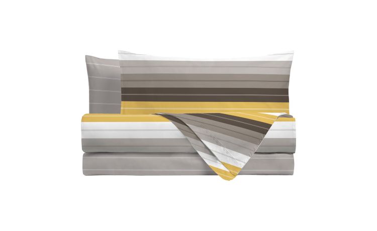Manilo completo letto rigato ocra piazza e mezza --Giallo-100% Cotone-Piazza e mezza
