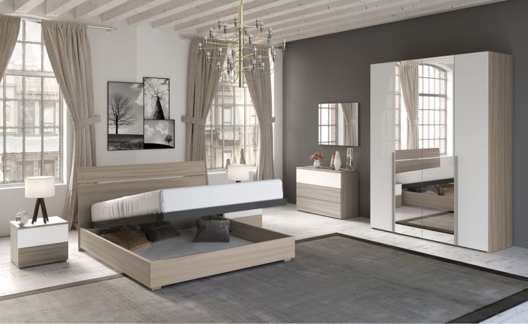 Mia camera matrimoniale olmo delicato/bianco lucido, letto con contenitore-Armadio 4 ante con specchi-Legno naturale-Nobilitato