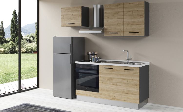 Gilda 2.0 cucina 210 cm colore rovere cadiz -3 elettrodomestici, Piano Cottura a INDUZIONE, frigo 230 lt--Pannello-216 cmx210 cm