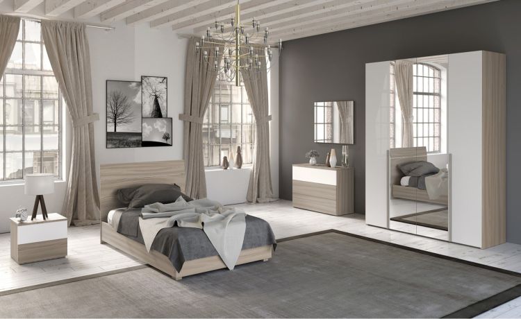 Mia cameretta olmo delicato/bianco lucido, letto piazza e mezza senza contenitore-Armadio 4 ante con specchi-Legno naturale-Nobilitato